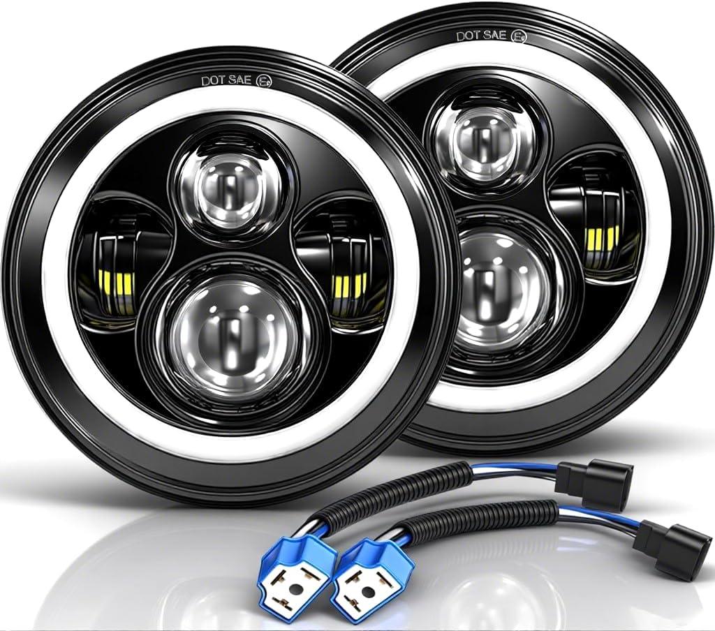 7 Inch LED Headlights Round Halo Angel Eyes DRL Amber Turn Signal Lights H6024 LED Headlights Replace High/Low Sealed Beam Fits Wrangler JK TJ LJ CJ with H4 H13 Adapter, 2PCS