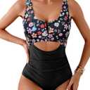 HXN Women's One Piece Swimsuit Tummy Control Bathing Suit Color Block Cutout Slimming Swim Suit Swimwear 2025 (Black, M)