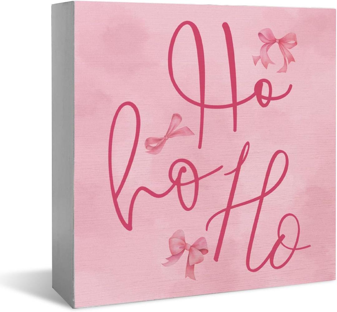 Pink Bow Christmas Wooden Box SignHO HO HOPink Christmas Decorations, Christmas Office Decorations for Work Desk, Christmas Gifts for Women 5x5 Inch