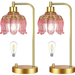 ILLMTW Pink Table Lamp Set of 2,Small Gold Bedside Lamps Dimmable Boho Bedroom Lamp with Tulip Flower Glass Lamp Shade,Vintage Mid Century Modern Mini Nightstand Lamp for Bedroom Living Room