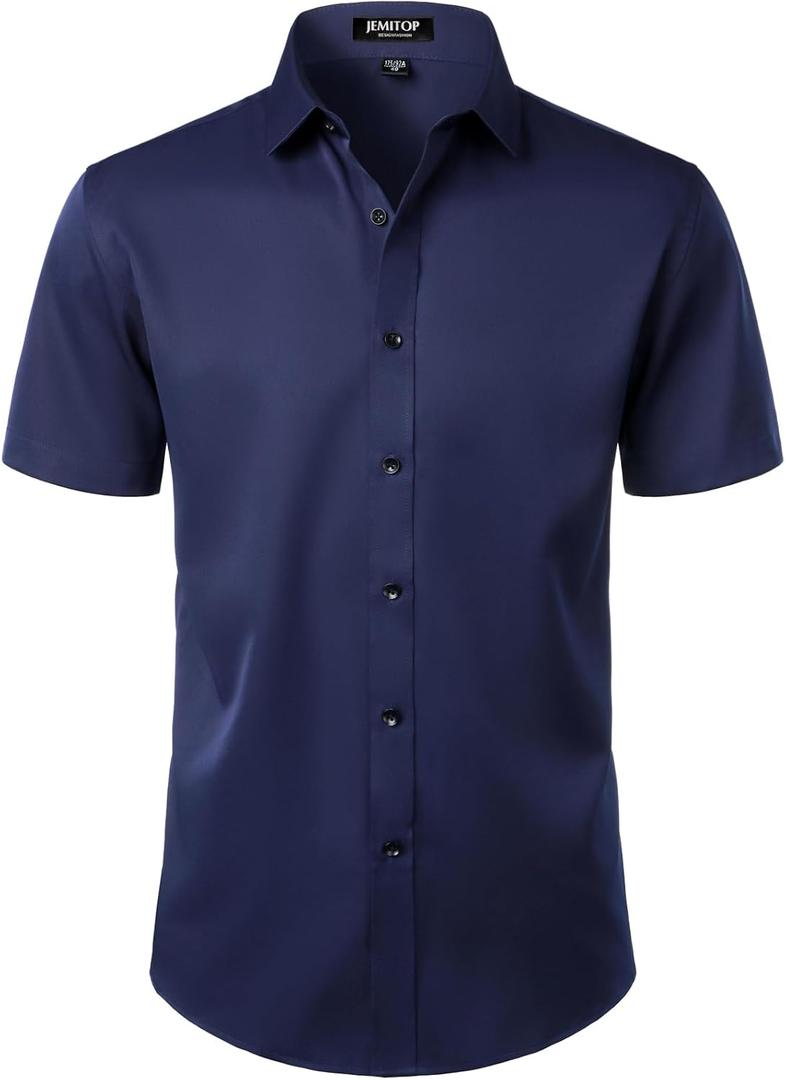 JEMITOP Men's Stretch Wrinkle Free Dress Shirts Formal Wedding Prom Short Sleeve Slim Fit Button Down Shirt (XX-Large, Navy)