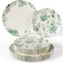Trendables 40 Piece Plastic Disposable Plates Set For 20 Guests I 20 X 8 Inch Dessert Plates & 20 X 10 Inch Wedding Party Plates | Ivory & Green Verdure Design, 40 Count