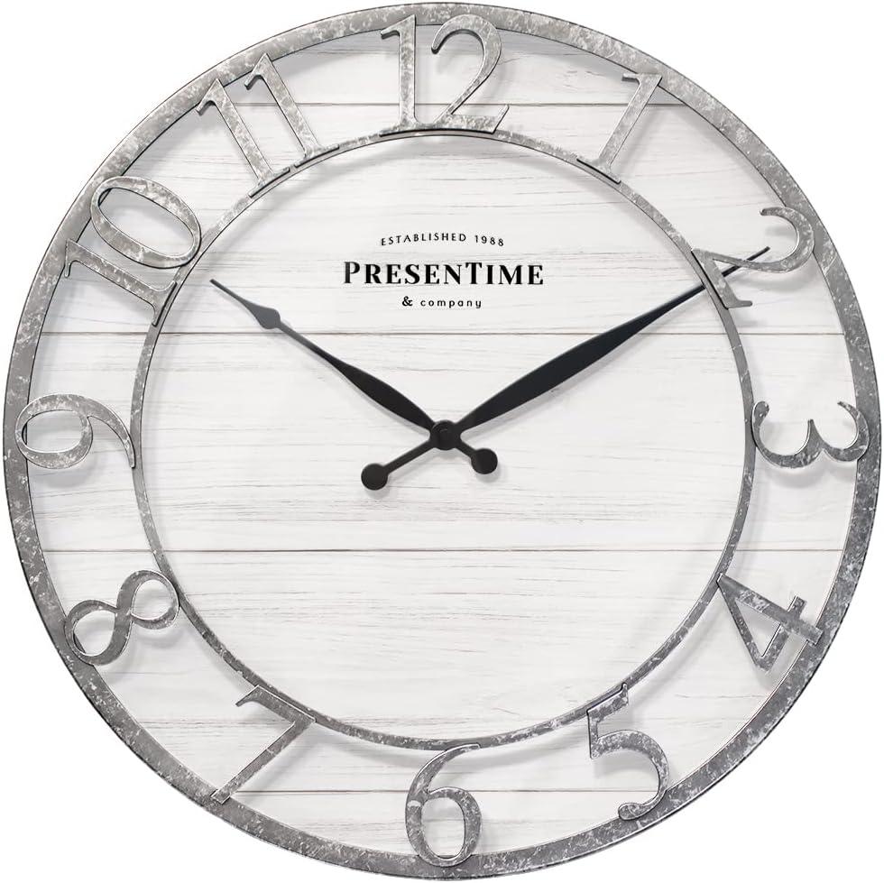 Presentime & Co 21" Farmhouse Series Wall Clock, Shiplap Style, Raised 3D Arabic Numeral, Galvanized Finish. Wall Dcor for Living Room, Dining Room, and Entryway.