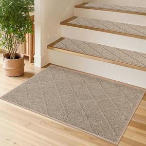 COSY HOMEER Stair Landing Rug Non-Slip 20"x32" Stair Treads for Wooden Steps,Washable Peel and Stick Stair Treads Matching Mats,Pet Friendly Soft Reusable Stair Landing Mat for Kids and Elders,Beige