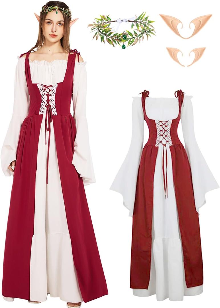 Verceco Women Renaissance Dress Medieval Costume Dress for Women with Flower Crown Elf Ears Fairy Costume for Women Girls (XX-Large, Red)