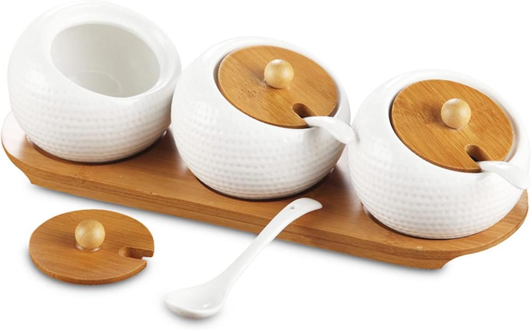 2 Pcs Porcelain Condiment Jar Set, Spice Jars with Bamboo Cap and Ceramic Serving Spoon, Wooden Tray, Used to Store Sugar, Spices, Coffee, Tea, 170 ML (5.8 OZ)