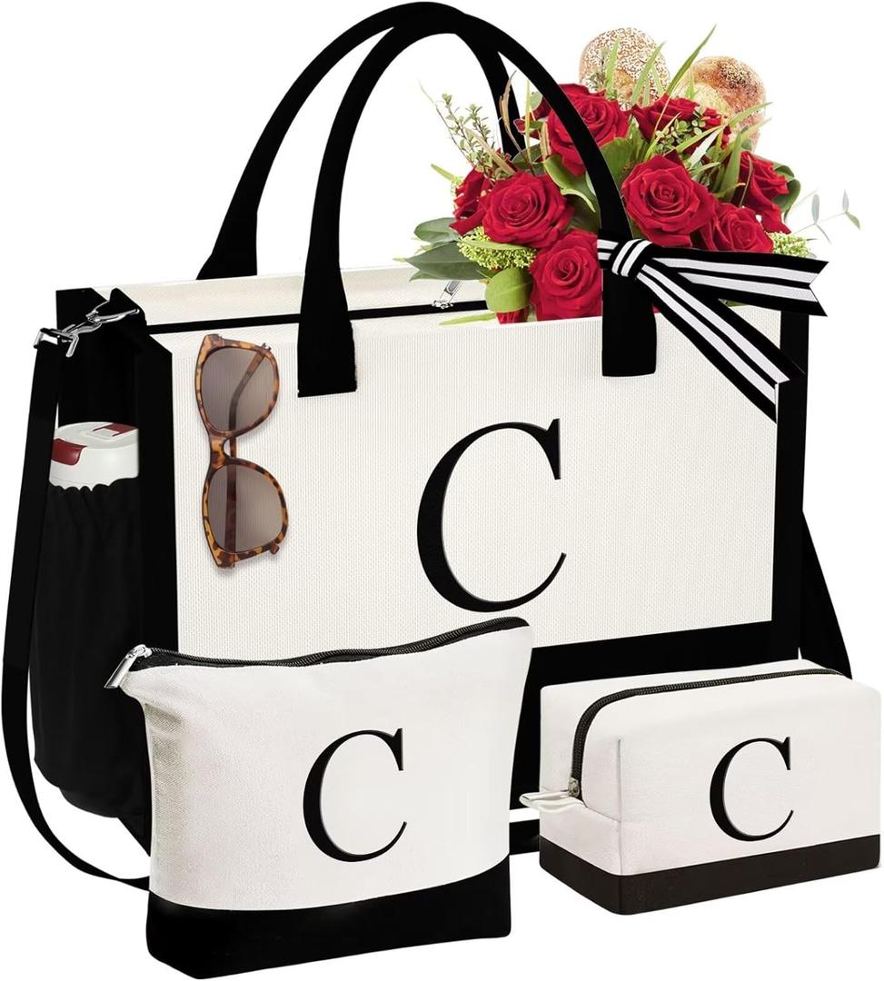 YOOLIFE Mothers Day Gifts - Initial Canvas Tote Bag & Makeup Bag, Birthday Gifts for Women Mom Sister Friends