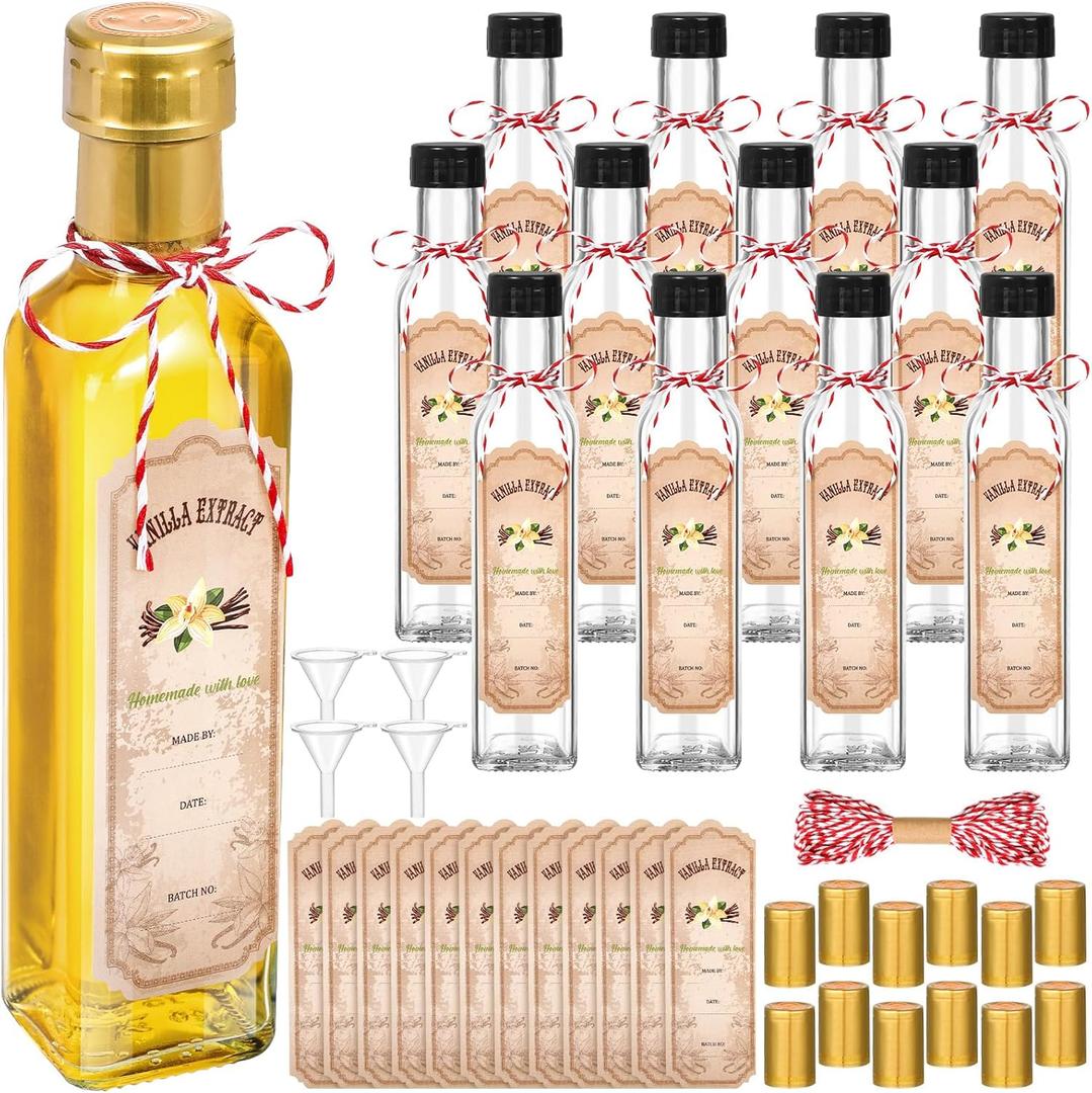 Tioncy 12 Pcs Vanilla Extract Bottles for Homemade Vanilla Jar Glass Square Bottle with Cap Shrink Band Sticker Syrup Food Storage Canister for Liquids Bean Sauce Spice Gift Giving(Gold,8.5 oz)