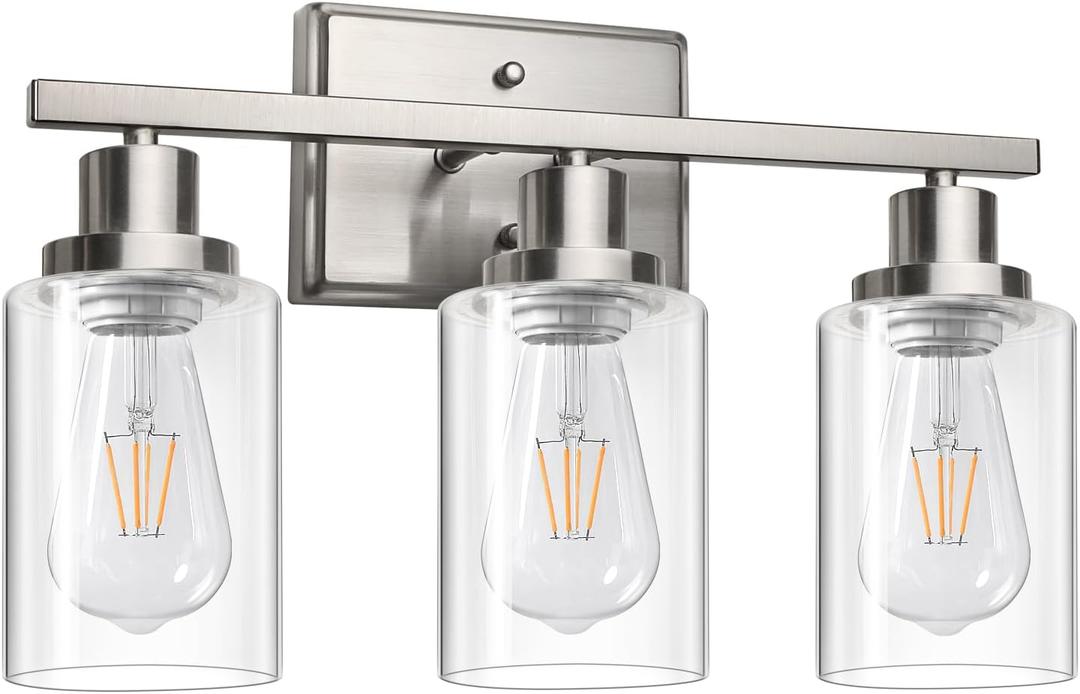 Ascher Bathroom Vanity Light Fixtures, 3 Light Wall Sconces Lighting with Clear Glass Shade, Brushed Nickel Wall Lights for Mirror, Kitchen, Living Room, Gallery, E26 Base (Bulbs Not Included)