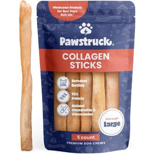 Pawstruck Natural Large 12" Beef Collagen Sticks for Dogs Long-Lasting Rawhide Alternative, High Protein Treats with Chondroitin & Glucosamine 5 Pack (EXP 06/30/29)