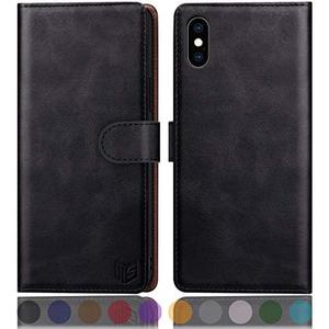 SUANPOT for iPhone X/XS 5.8"(Non XS Max 6.5") with RFID Blocking Leather Wallet case Credit Card Holder, Flip Folio Book Phone case Shockproof Cover for Women Men for Apple X/Xs case Wallet Black