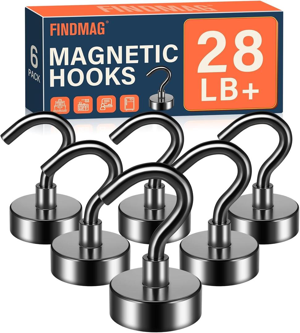 FINDMAG Black Magnetic Hooks 22 lbs Strong Neodymium Magnet Hooks for Hanging, Magnet with Hook for Cruise, Grill, Fridge, Pack of 6