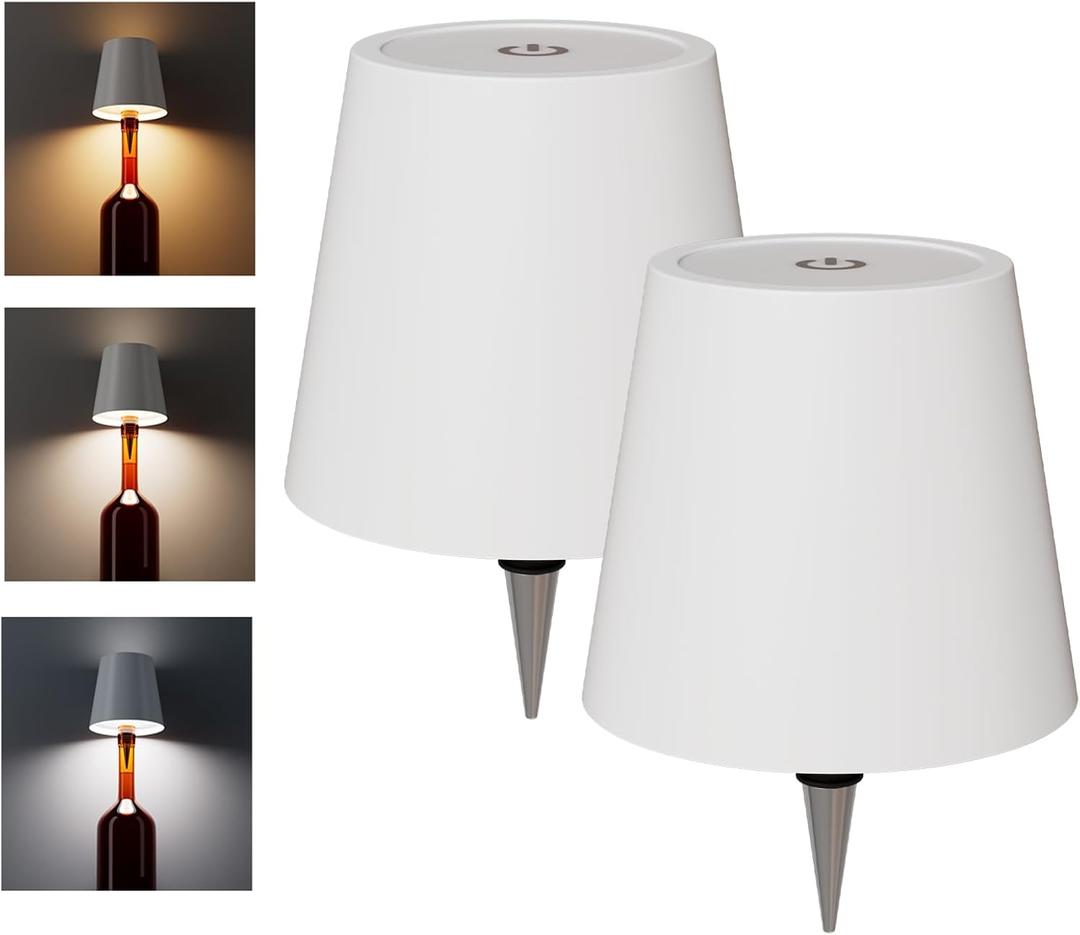 2 Pack Wireless Bottle Lamp Shade - Portable LED Wine Bottle Lamp with Stopper, 3 Color Stepless Dimming Rechargeable Touch Wine Bottle Lights for Any Liquor Bottle Bars Restaurants-White