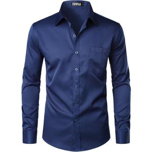 ZEROYAA Men's Urban Stylish Casual Business Slim Fit Long Sleeve Button Up Dress Shirt with Pocket (Blue, L)