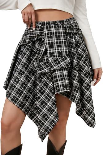 Women's Plaid Skirts Elastic Waisted Short Skirt Knot Front Irregularly Hem Mini Skater Skirt (US, Alpha, Large, XX-Large, Regular, Regular, Black-White-Plaid-Rhinestone)
