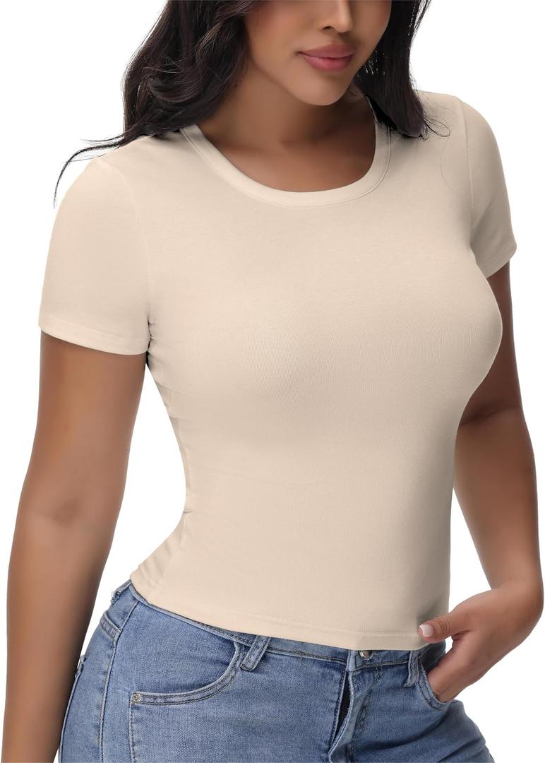 Womens T Shirts Basic Short Sleeve Crew Neck Slim Fit Tees Summer Workout Casual Bodycon Tops 2025 (Beige, L)