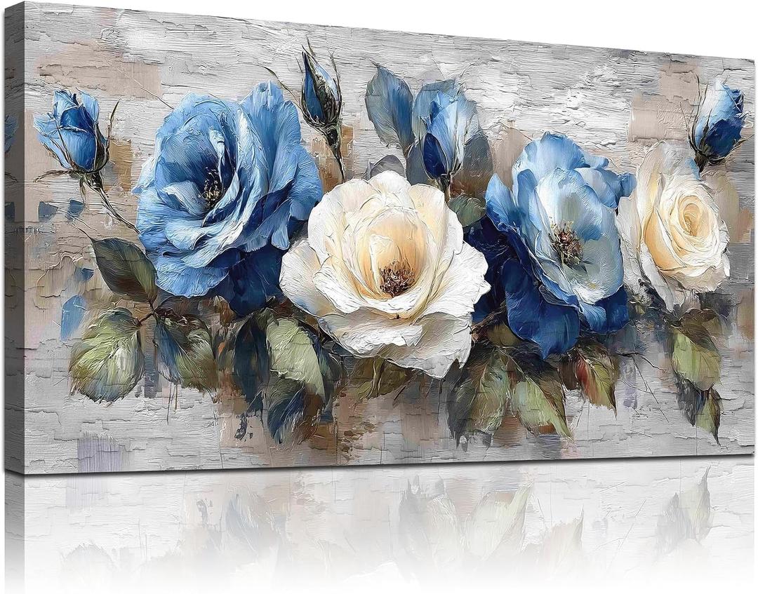 MEICEN88 Floral Wall Art, Large Canvas Wall Art,Vintage Wall Decor, Flower Pictures Wall Decor, Blue Canvas Art Prints, abstract Paintings For Bedroom Living Room Decoration Aesthetic Room Decor, 40"L x 20"W