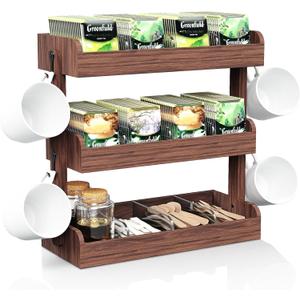 3 Tier Tea Bag Organizer - Wall-Mounted Holder with Partitions, 4 Hooks, Wooden Tea Box for Office, Kitchen, Cabinet, Pantry