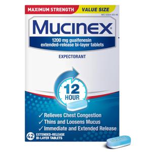 Chest Congestion, Mucinex Maximum Strength 12 Hour Extended Release Tablets, 42ct, 1200 mg Guaifenesin with extended relief of chest congestion caused by excess mucus, thins and loosens mucus (EXP 04 2027)