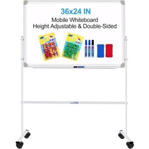 H-Qprobd Magnetic Dry Erase Board with Stand Double-Sided Mobile Whiteboard - 36"x24" Adjustable Height Rolling White Boards on Wheels for Kids & Adults