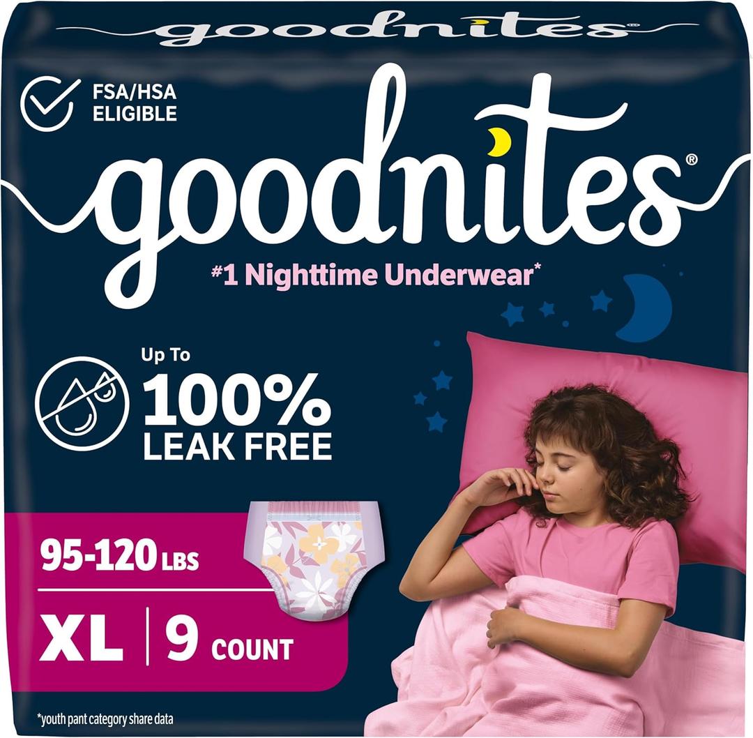 Goodnites Girls' Nighttime Bedwetting Underwear, Size Extra Large (95-120 lbs), 9 Ct,