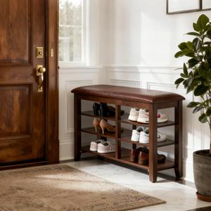 PY HOME & SPORTS Shoe Rack for Entryway 47": 2-Tier Shoe Storage Bench, Adjustable/Removable Shelves, Rubberwood Shoe Benches for Hallway, Porch, Bathroom, Brown