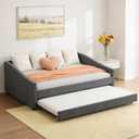 Upholstered Daybed with Trundle, Full Size Day Bed w/Button-Tufted Back and Piping on Waved-Shape Arms for Bedroom or Guest Room, No Box Spring Required, Dark Gray