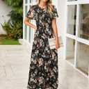 Simplee Womens Casual Floral Summer Maxi Dress 2026 Boho Flowy Short Sleeve Crew Neck Vacation Smocked Chiffon Dresses (Brown, XL)