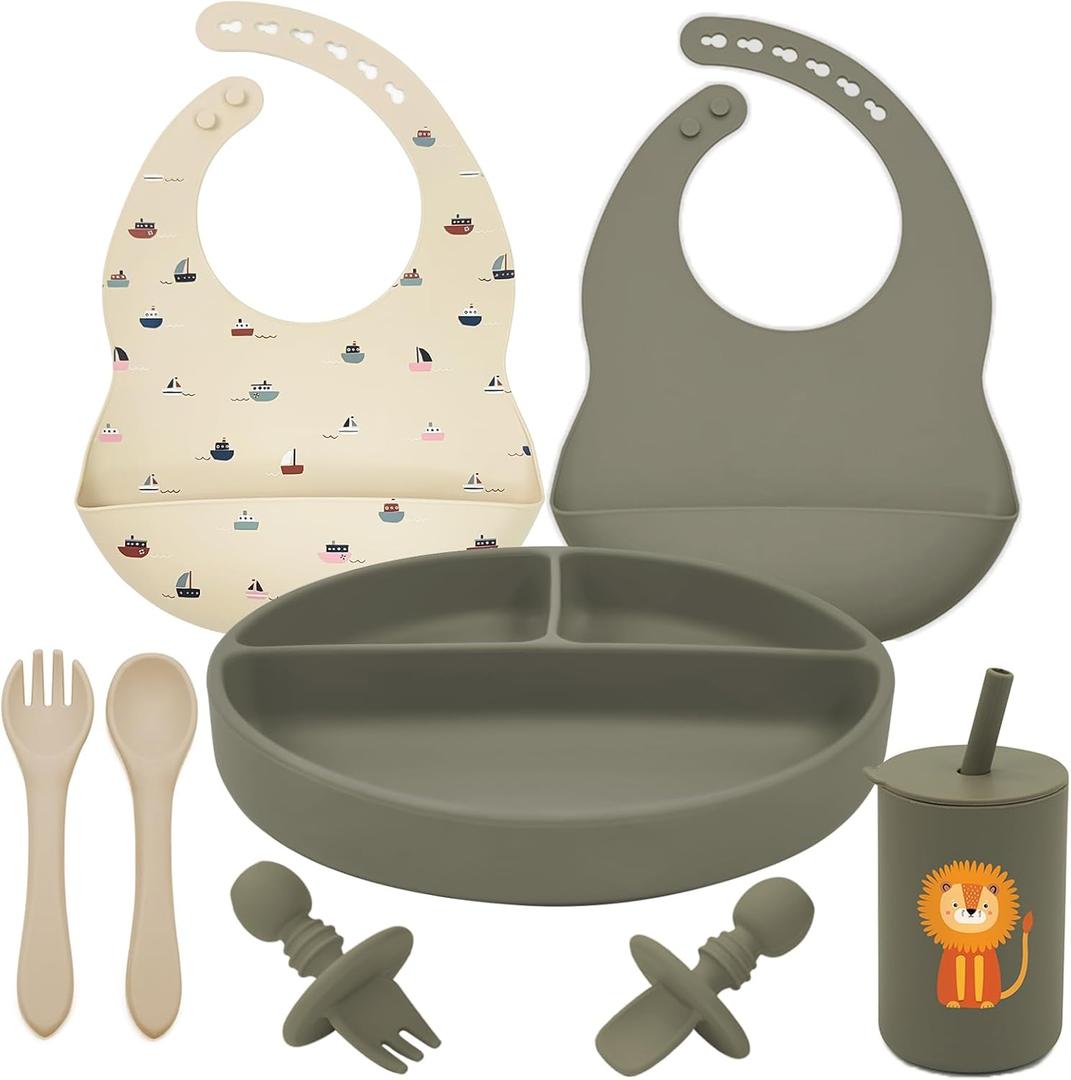 LITTLE RAWR Silicone Baby Feeding Set, Baby Led Weaning Supplies, Baby Spoons Suction Divided Plate Bib Cup, First Stage Solid Food Eating Utensils - 6+ Months(Green-Beige)
