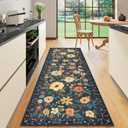 DUKINO 2x6 Runner Rug for Hallway, Washable Kitchen Runner Rug with Non Slip Backing, Low Pile Soft Boho Floral Runner for Kitchen, Hallway, Entryway, Laundry, Bedroom, Dark Blue