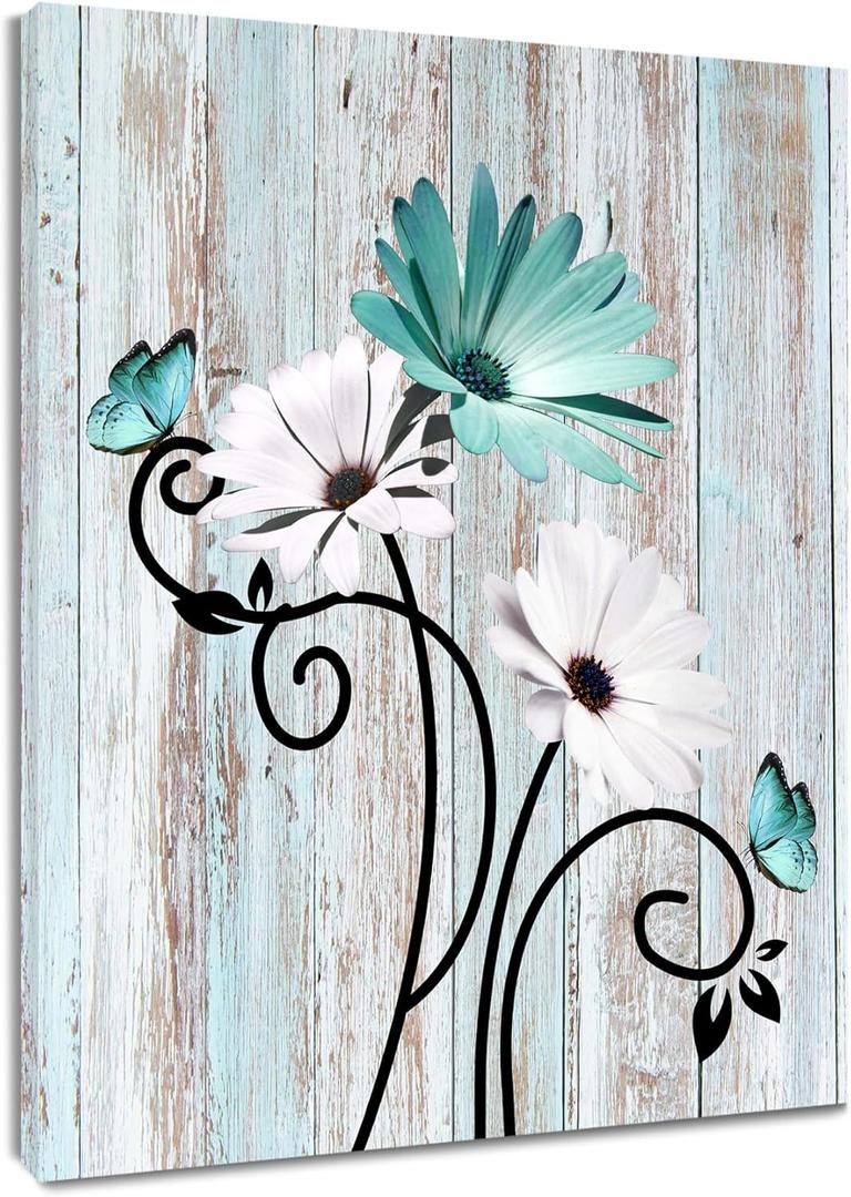 HVEST Teal Daisy Wall Art Vintage Flower and Butterfly on Rustic Wooden Abstract Painting Farmhouse Plant Wall Art for Bathroom Living Room Bedroom Kitchen Decor Ready to Hang, 16Lx12W Inches