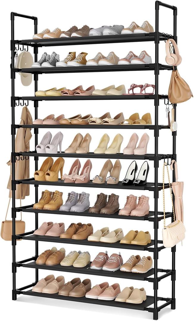LANTEFUL Tall Shoe Rack 10 Tier Shoe Organizer Large Shoe Shelf with 18 Hooks Storage for 50 Pair, Stackable Vertical Shoe Rack Organizer for Closet, Entryway, Bedroom (10 Tier-68" High-34" Wide, Black)