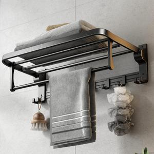 24 Inch Towel Rack with Towel Bar Holder Foldable Towel Shelf with Movable Hooks Rustproof Towel Storage wall Mount for Bathroom Lavatory Matte Black