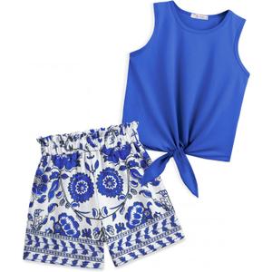 Arshiner Girl's 2 Piece Outfits Tie Knot Tank Top and Paperbag Waist Pocketed Summer Short Sets (Blue, 150)