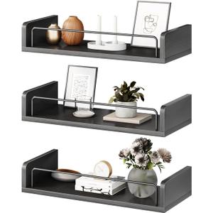 Floating Shelves for Wall, Floating Shelves for Bedroom Kitchen Decor, Wall Mounted Rustic Farmhouse Wood Shelf for Books, Plants, Set of 3 (Black) 15.74 inches L x 6.7 inches W x 6.4 inches H