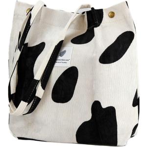 TOPASION Corduroy Tote Bag for Women Cute Reusable Bag with Inner Pocket for Shopping Grocery Beach (Cow)