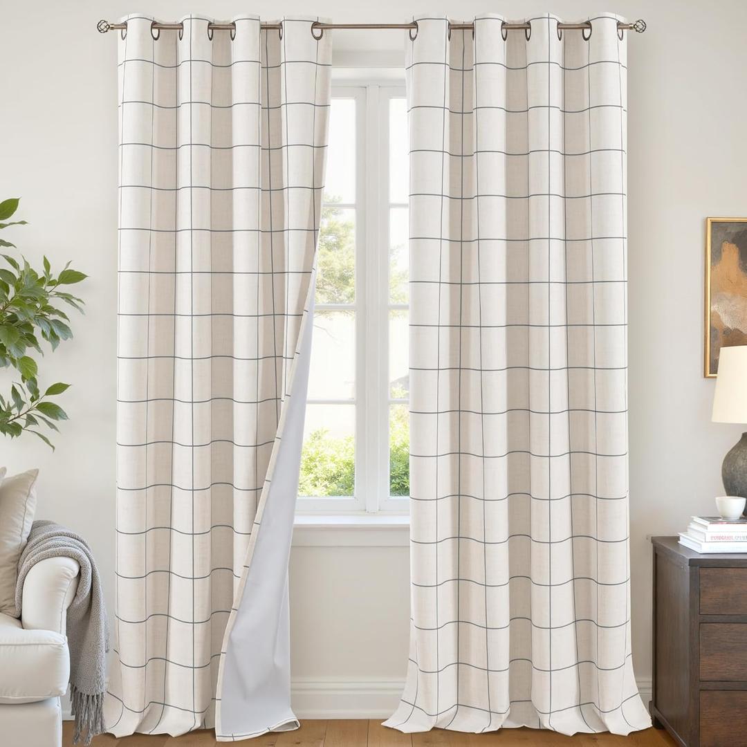 Plaid Curtains Pattern Printed 90 Inches Long - Total Linen Blackout Curtains for Living Room, Boho Grommet Drapes for Farmhouse Thermal Drapery 52x90 Inch 2 Panels, Dark Grey