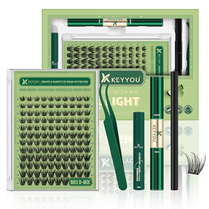 KEYYOU Natural Lash Clusters Kit 144Pcs DIY Lash Extension Kit Wispy Eyelash Extensions Kit D Curl 818MIX with Bond and Seal and tweezers with Thin Lash Band
(KIT-N03-D-8-18MIX)