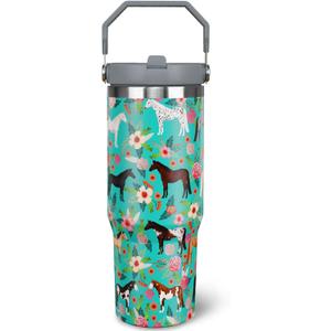 30 oz Horse Tumbler with Handle and Flip Straw, Vacuum Insulated Water Bottle Stainless Steel, Leak Proof Travel Coffee Mug Gifts for Horse Lover, Cute Floral Cup for Home Office Car Outdoors Sports