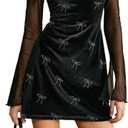Women's Velvet Crewneck Mesh Long Sleeve Bodycon Mini Party Dress (Black, L)