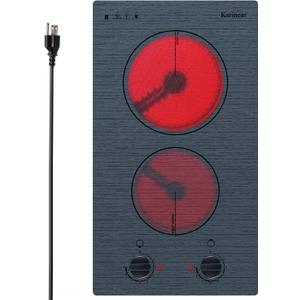 Karinear 2 Burners Electric Cooktop 110v, 12 Inch Electric Stove Top Knob Control, Built-in Countertop Ceramic Cooktop with Beautiful Pattern Glass Surface, 110v Outlet Plug
