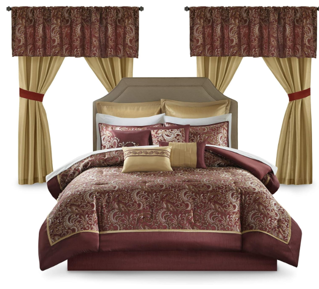 Madison Park Essentials Brystol 24 Piece Room in a Bag Faux Silk Comforter Jacquard Paisley Design Matching Curtains Down Alternative Hypoallergenic All Season Bedding-Set, King (104 in x 92 in), Red | Matching Curtains Room in a Bag, Down Alternative Bedding Set, All Season, Machine Washable, Wrinkle Resistant, Ultra Soft