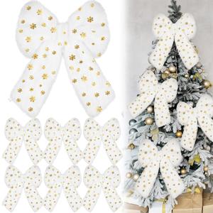Janinka 6 Pcs Large White Christmas Bow Ornaments with Gold Snowflake Decor 13.4x9.1 Inch Big Plush Faux Fur Bow Decorations Furry Xmas Tree Topper for Wreath Door Window Fireplace Staircase Decor