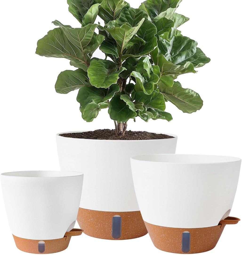 8/10/12 Inch Self Watering Pots for Indoor/Outdoor Plants - Large Plastic Planter with Drainage Holes, Water Level Indicator & Deep Reservoir, Modern Decorative Flower Pots (White), 8/10/12 Inch Set