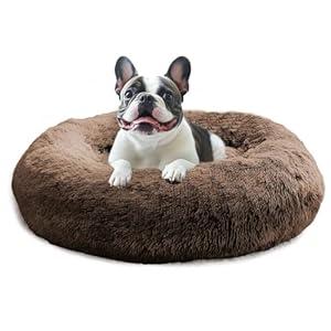 JOLLYVOGUE Calming Dog Bed for Small Dogs  23 inches Donut Washable Small Dog Bed for Kittens & Puppies, AntiSlip Round Fluffy Plush Faux Fur Cat Beds (Fits up to 25 lbs Pets, Coffee)