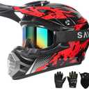 Youth Kids Motocross Helmet, Adult ATV Dirt Bike Helmet, Off-Road BMX 4-Wheeler Full Face Motorcycle Helmet W/Goggles Gloves & Mask, DOT Approved, Red Camo, M