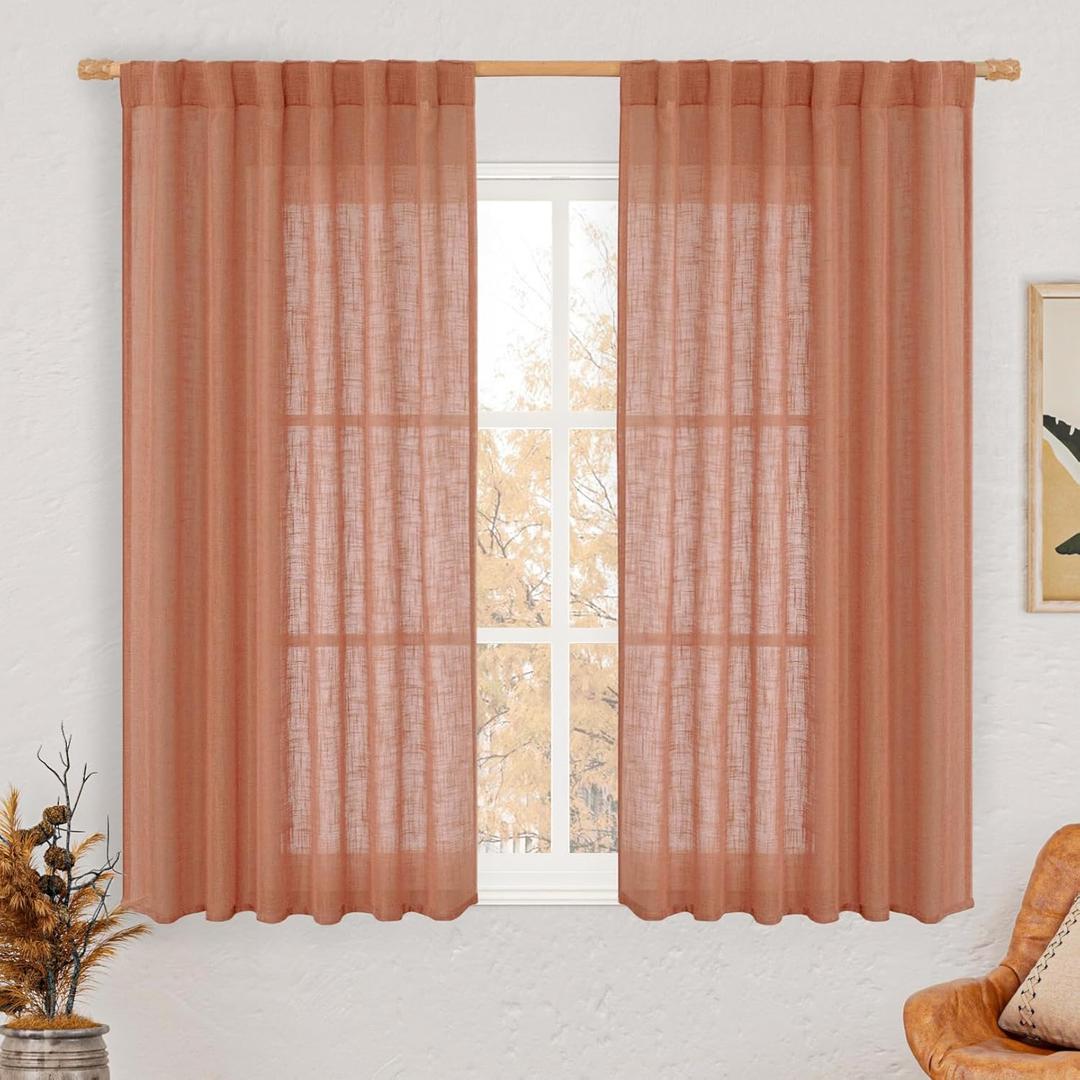 LAMIT Terracotta Linen Semi Sheer Curtains 45 Inch for Bedroom, Light Filtering Neutral Window Curtains Farmhouse Boho Back Tab and Rod Pocket Fall Decor Panels, 2 Panels, 52 x 45 Inch