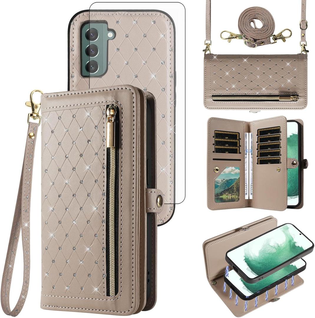 Asuwish Phone Case for Samsung Galaxy S22 Plus S22+ 5G Zipper Wallet Detachable Cell Cover with Screen Protector Crossbody Strap Bling Flip Credit Card Holder S22+5G S22plus 22S + S 22 22+ Women Grey