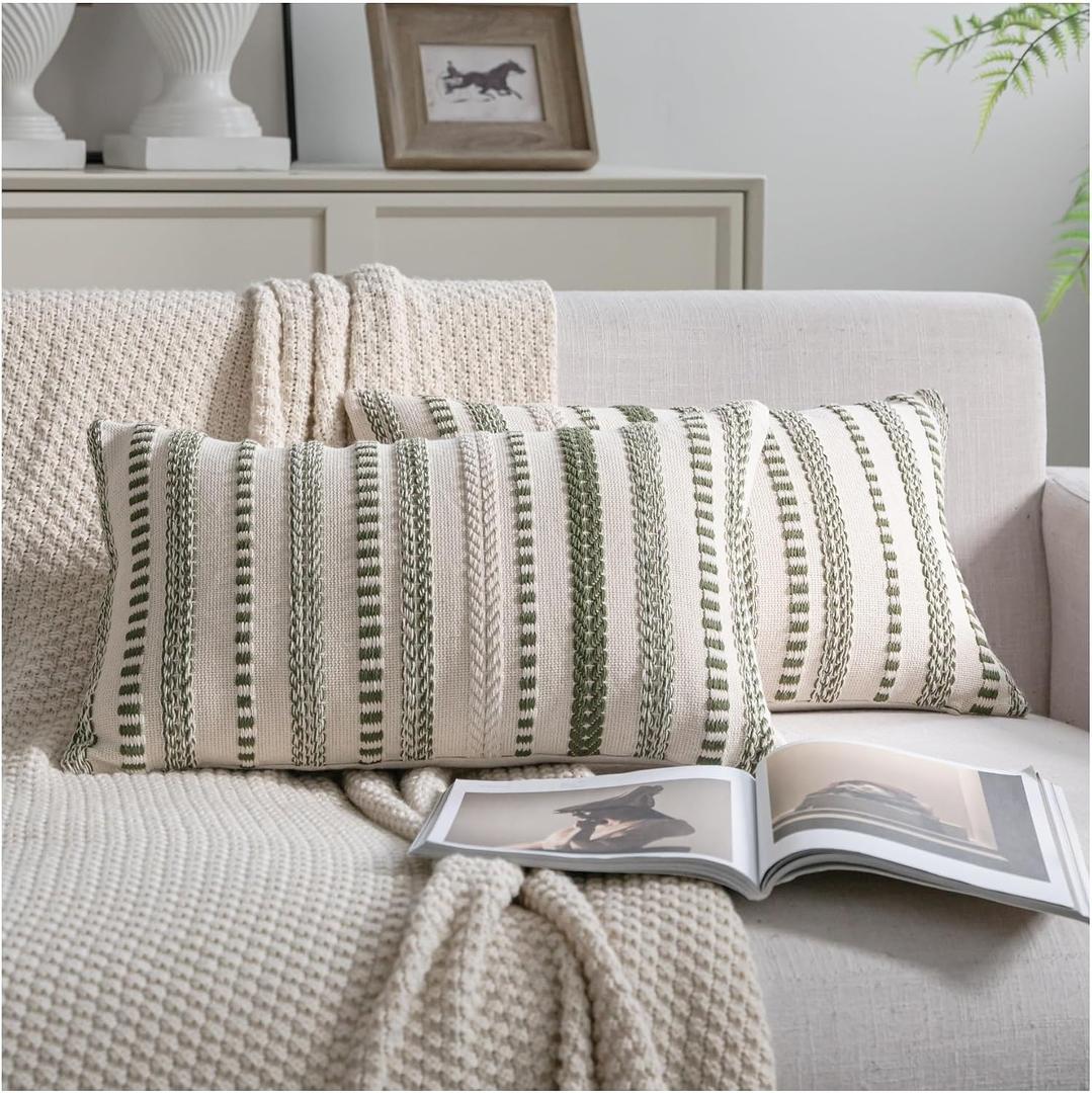 Cethom Green Boho Throw Pillow Covers 12x20 Inch Set of 2, Stripe Textured Decorative Couch Pillow Cases for Bed, Sofa, Living Room, Bedroom, Farmhouse Home Accent Cushion Covers