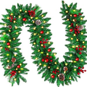 9 FT LED Christmas Garland with Pinecones Red Berries Bows Christmas Balls Candies, Multi-Function Christmas Garland with 50 Warm White LED Lights, 310 Branch Tips for Indoor Outdoor